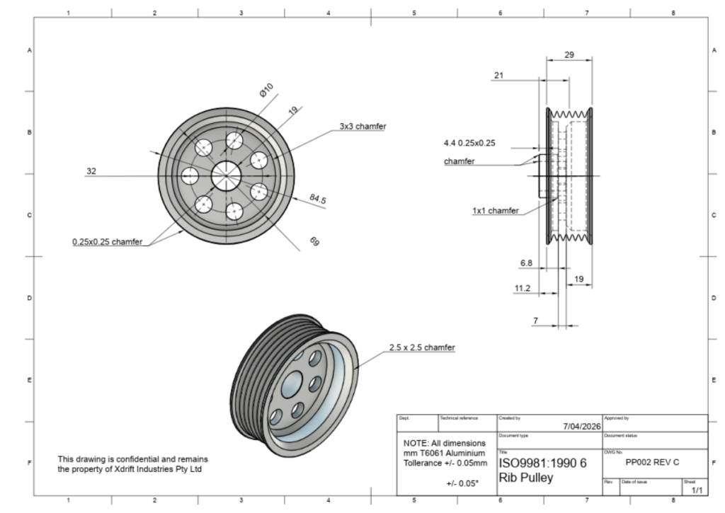 Dimensioned manufacturing drawing showing orthographic and isometric views of an Xdrift 6-rib pulley
