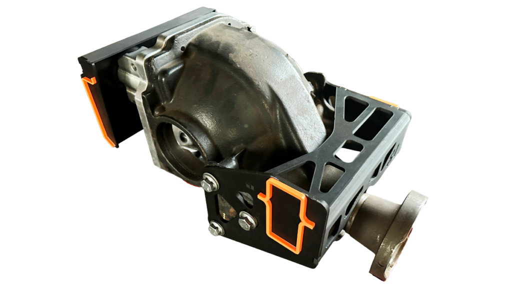 3D-printed differential mounting prototype used to assess fit and assembly before manufacture